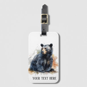 Watercolor painting of a sitting black bear luggage tag