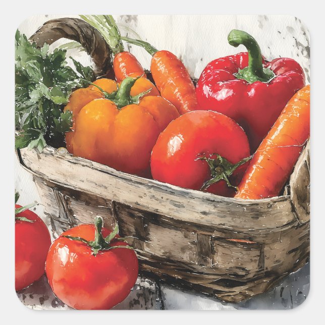 Watercolor Painting of a Vegetable Basket Square Sticker (Front)