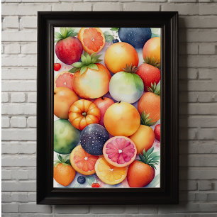 Watercolor Painting of Assorted Fruit Poster