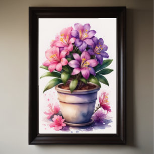 Watercolor Painting of Azalea in Pot Poster