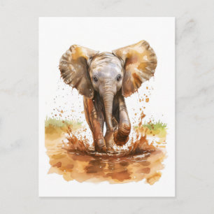 Watercolor painting of baby elephant splashing mud holiday postcard