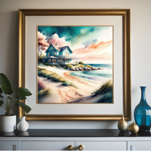 Watercolor Painting of Beach House Poster