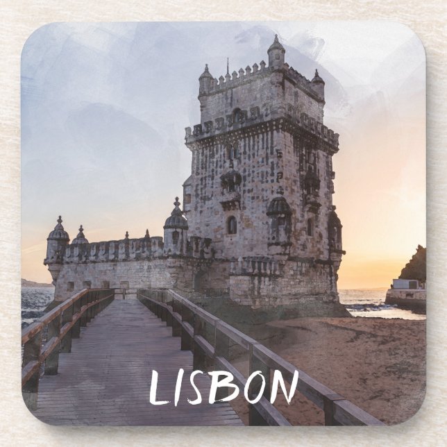 Watercolor painting of Belem tower at sunset Coaster (Front)