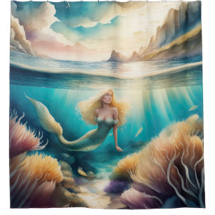 Watercolor Painting of Blonde Mermaid  Shower Curtain
