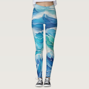 Watercolor painting of blue sea waves leggings