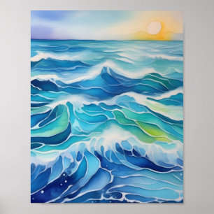 Watercolor painting of blue sea waves  poster