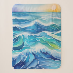 Watercolor painting of blue sea waves sherpa blanket