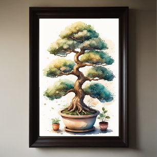 Watercolor Painting of Bonsai Tree in Pot Poster