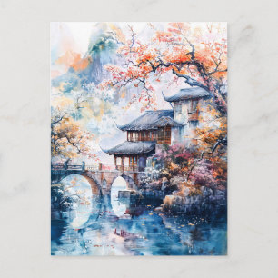 Watercolor painting of china temple and water postcard