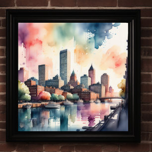Watercolor Painting of City with River Poster