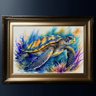 Watercolor Painting of Colorful Sea Turtle 3:2 Poster