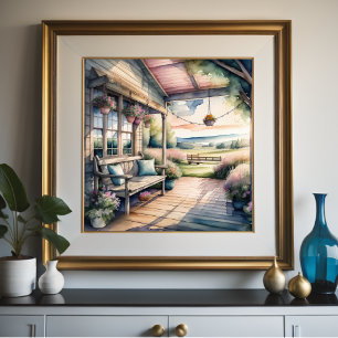 Watercolor Painting of Cozy Country Porch Poster