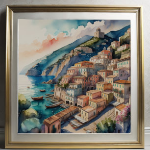 Watercolor Painting of European Mediterranean City Poster