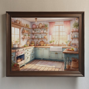 Watercolor Painting of Farmhouse Kitchen Poster
