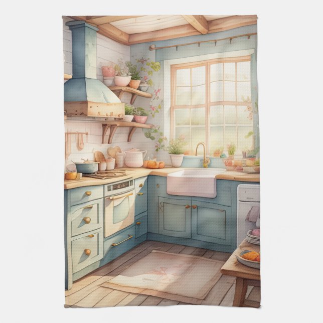 Watercolor Painting of Farmhouse Kitchen Tea Towel (Vertical)