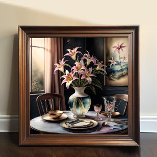 Watercolor Painting of Formal Tablescape Lillies Poster
