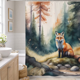 Watercolor Painting of Fox in Forest Shower Curtain