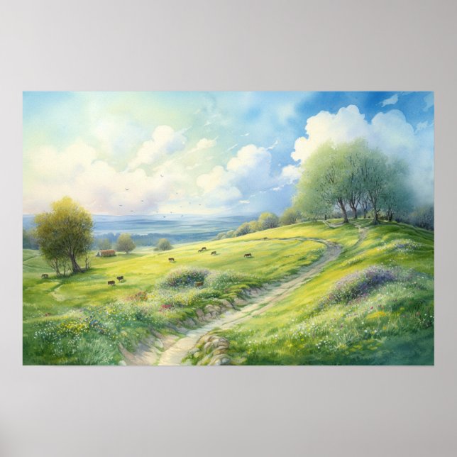 Watercolor painting of hilltop pasture path poster (Front)