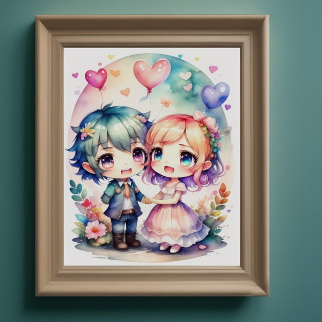Watercolor Painting of Kawaii Chibi Male Female Poster (Creator Uploaded)