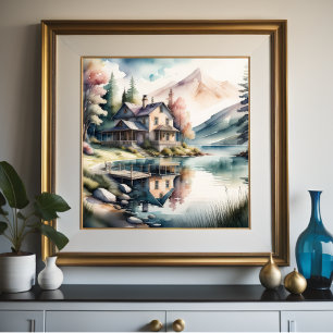 Watercolor Painting of Lake House Poster