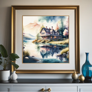 Watercolor Painting of Lake House Poster