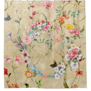 Watercolor painting of leaf and flowers, seamless  shower curtain