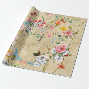 Watercolor painting of leaf and flowers, seamless  wrapping paper