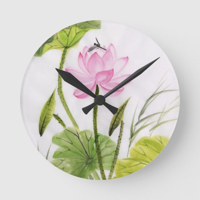 Watercolor Painting Of Lotus Flower 2 Round Clock (Front)