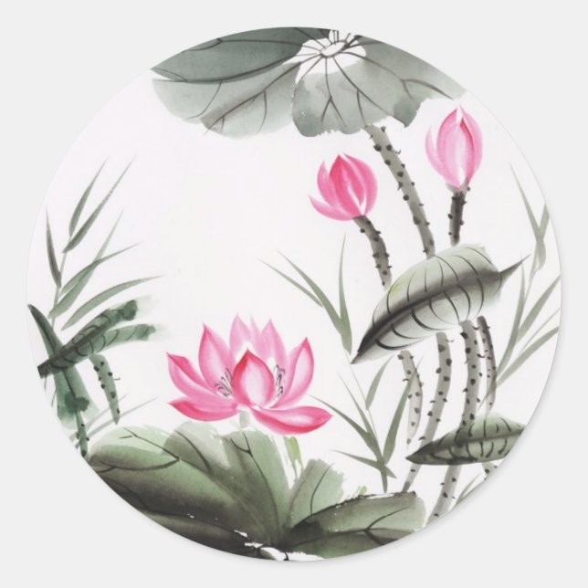 Watercolor Painting Of Lotus Flower Classic Round Sticker (Front)