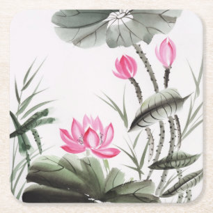 Watercolor Painting Of Lotus Flower Square Paper Coaster