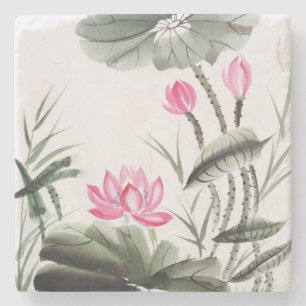 Watercolor Painting Of Lotus Flower Stone Coaster