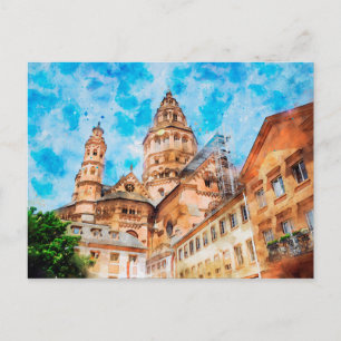 Watercolor painting of Mainz Cathedral in Germany. Postcard