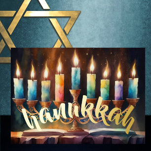 Watercolor Painting of Menorah Colourful Candles