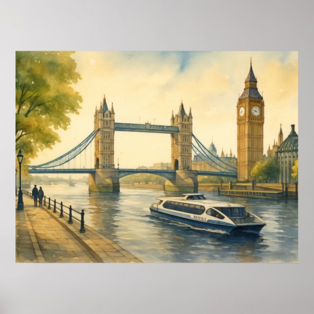 Watercolor Painting of Modern London Thames Poster (Front)