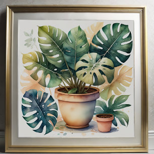 Watercolor Painting of Monstera in Pot Poster