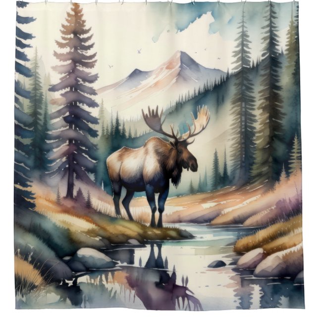 Watercolor Painting of Moose in Forest Shower Curtain (Front)