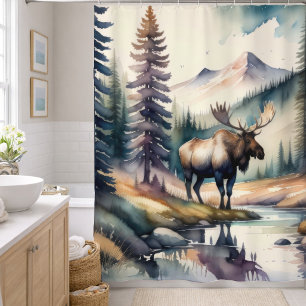 Watercolor Painting of Moose in Forest Shower Curtain