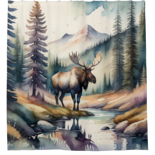 Watercolor Painting of Moose in Forest Shower Curtain (Front)