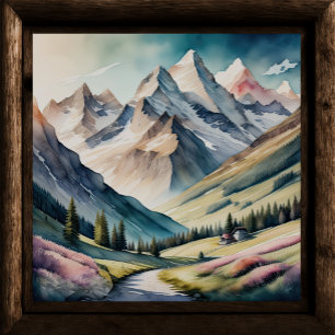 Watercolor Painting of Mountain Landscape Poster