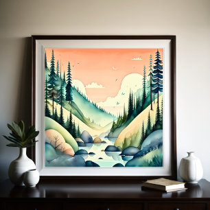Watercolor Painting of Mountain Landscape Poster