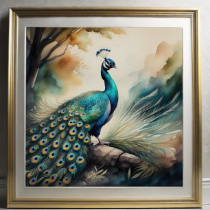 Watercolor Painting of Peacock 1:1 Poster