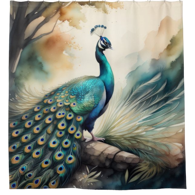 Watercolor Painting of Peacock Shower Curtain (Front)