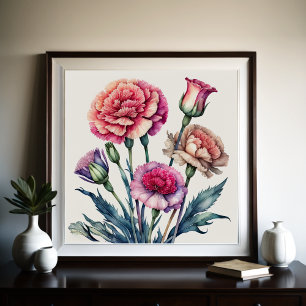 Watercolor Painting of Pink Carnations Poster