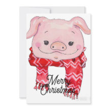 Watercolor painting of pink pig with red scarf