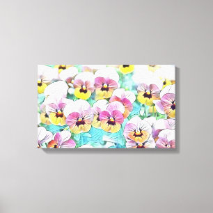 Watercolor painting of pink yellow white pansies canvas print