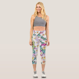 Watercolor painting of pink yellow white pansies capri leggings