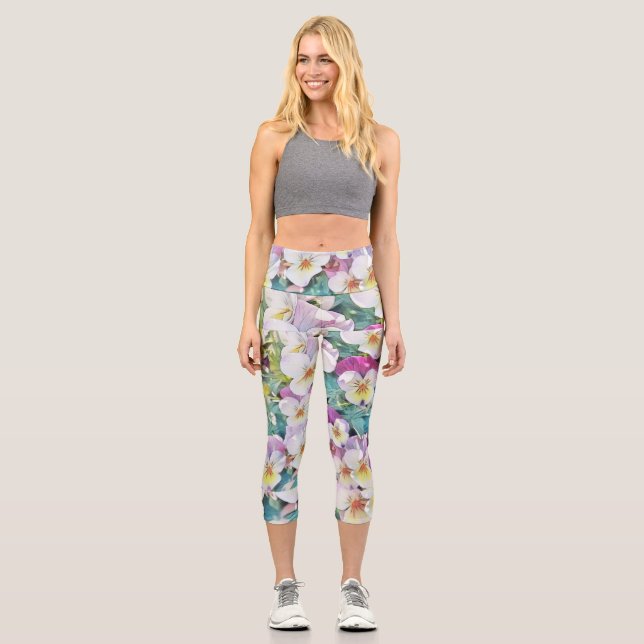 Watercolor painting of pink yellow white pansies capri leggings (Front)