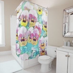 Watercolor painting of pink yellow white pansies shower curtain