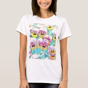 Watercolor painting of pink yellow white pansies  T-Shirt