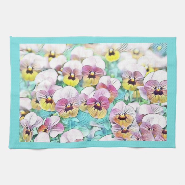 Watercolor painting of pink, yellow, white pansies tea towel (Horizontal)